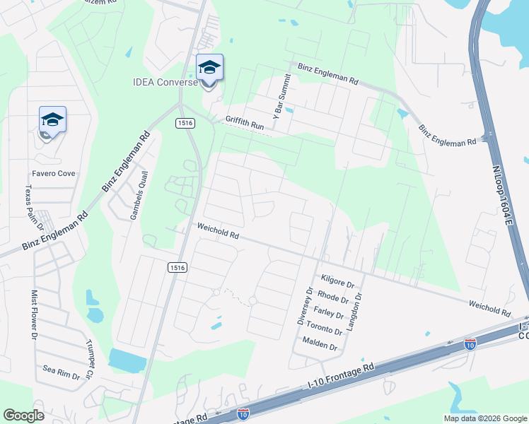 map of restaurants, bars, coffee shops, grocery stores, and more near 8915 Pembridge Way in Converse