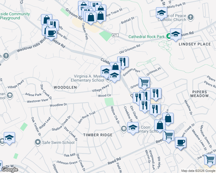 map of restaurants, bars, coffee shops, grocery stores, and more near 3031 Village Parkway in San Antonio