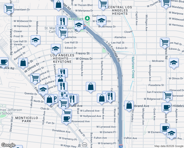 map of restaurants, bars, coffee shops, grocery stores, and more near 1615 Santa Monica Street in San Antonio