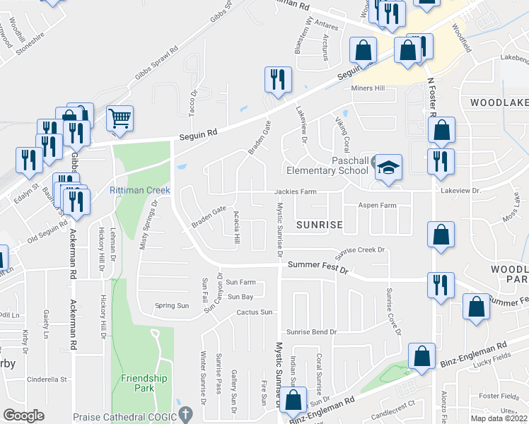 map of restaurants, bars, coffee shops, grocery stores, and more near 6010 Jackies Farm in San Antonio