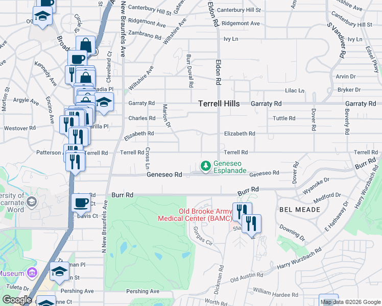 map of restaurants, bars, coffee shops, grocery stores, and more near 110 Marion Drive in San Antonio