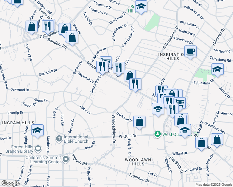 map of restaurants, bars, coffee shops, grocery stores, and more near 1955 Bandera Road in San Antonio
