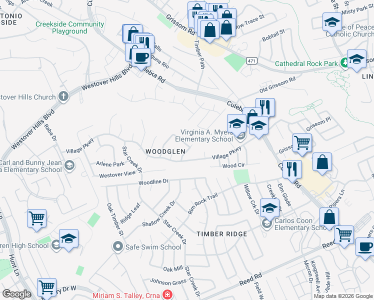 map of restaurants, bars, coffee shops, grocery stores, and more near 2918 Wood Knoll in San Antonio