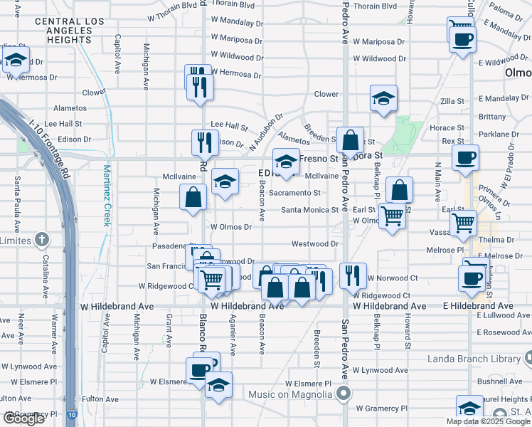 map of restaurants, bars, coffee shops, grocery stores, and more near 642 Sacramento in San Antonio