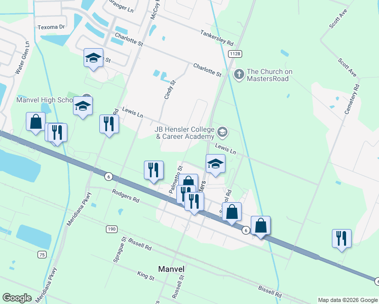 map of restaurants, bars, coffee shops, grocery stores, and more near 7110 Palmetto Street in Manvel