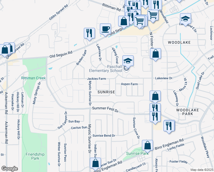 map of restaurants, bars, coffee shops, grocery stores, and more near 6126 Lauras Farm in San Antonio