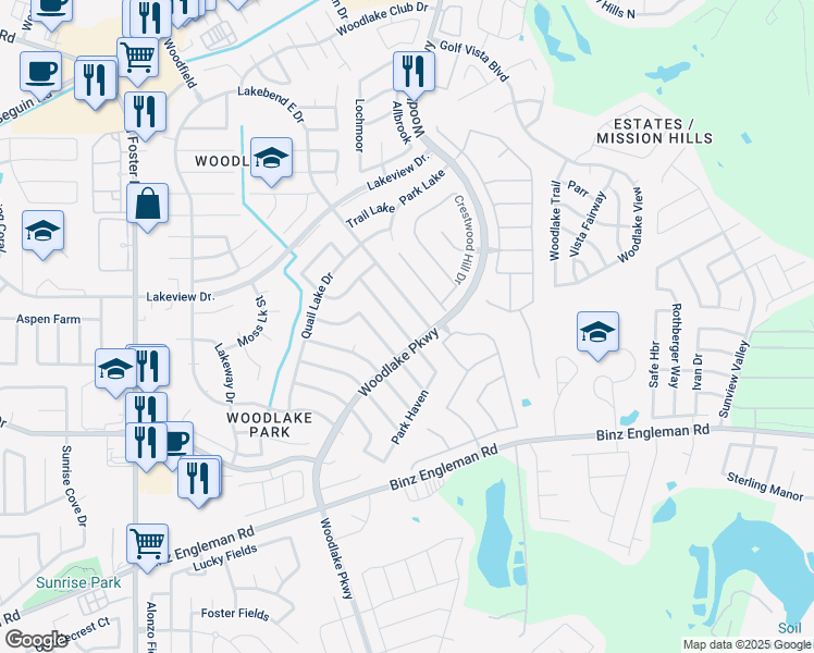 map of restaurants, bars, coffee shops, grocery stores, and more near 4931 Lakebend East Drive in San Antonio