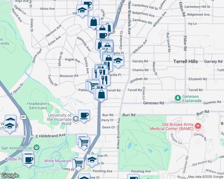 map of restaurants, bars, coffee shops, grocery stores, and more near 136 Elizabeth Road in Alamo Heights