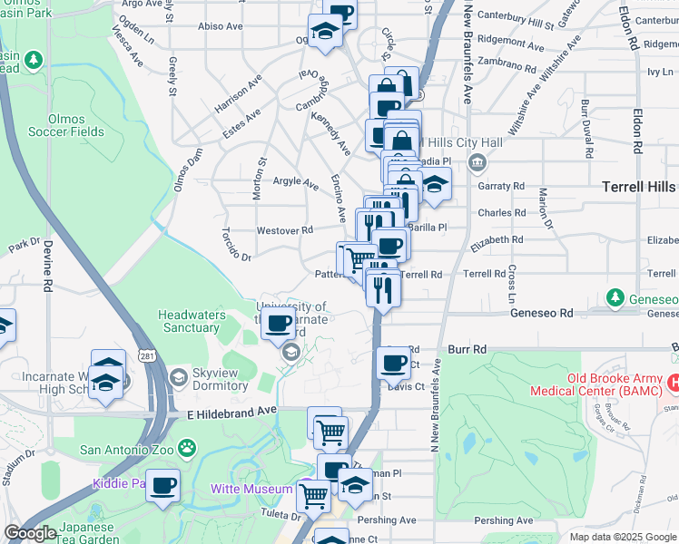 map of restaurants, bars, coffee shops, grocery stores, and more near 211 Patterson Avenue in San Antonio