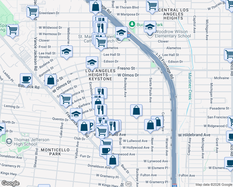 map of restaurants, bars, coffee shops, grocery stores, and more near 1802 Santa Monica in San Antonio