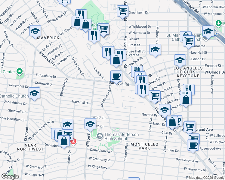 map of restaurants, bars, coffee shops, grocery stores, and more near 166 Babcock Road in San Antonio