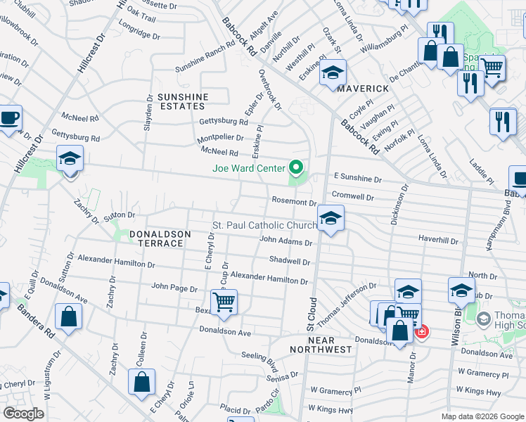 map of restaurants, bars, coffee shops, grocery stores, and more near 430 Rosemont Drive in San Antonio
