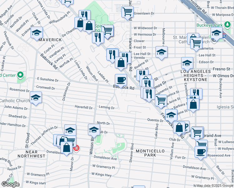 map of restaurants, bars, coffee shops, grocery stores, and more near 166 Babcock Road in San Antonio