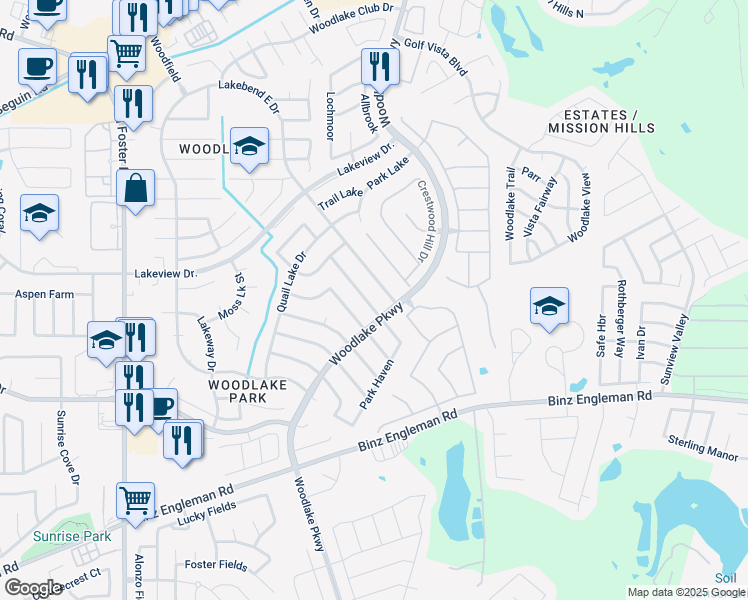 map of restaurants, bars, coffee shops, grocery stores, and more near 4931 Lakebend East Drive in San Antonio