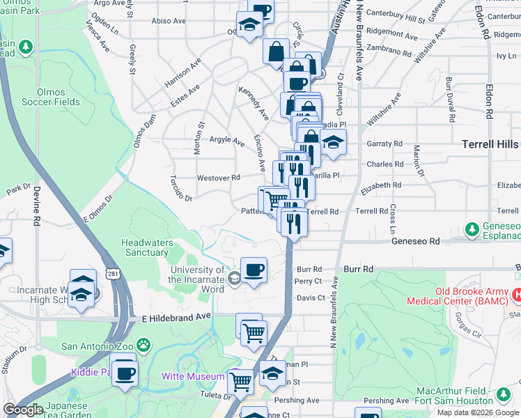 map of restaurants, bars, coffee shops, grocery stores, and more near 200 Patterson Avenue in San Antonio