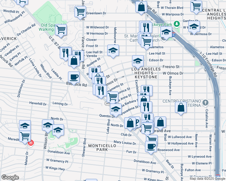 map of restaurants, bars, coffee shops, grocery stores, and more near 2205 Sacramento in San Antonio