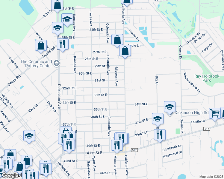 map of restaurants, bars, coffee shops, grocery stores, and more near in Dickinson