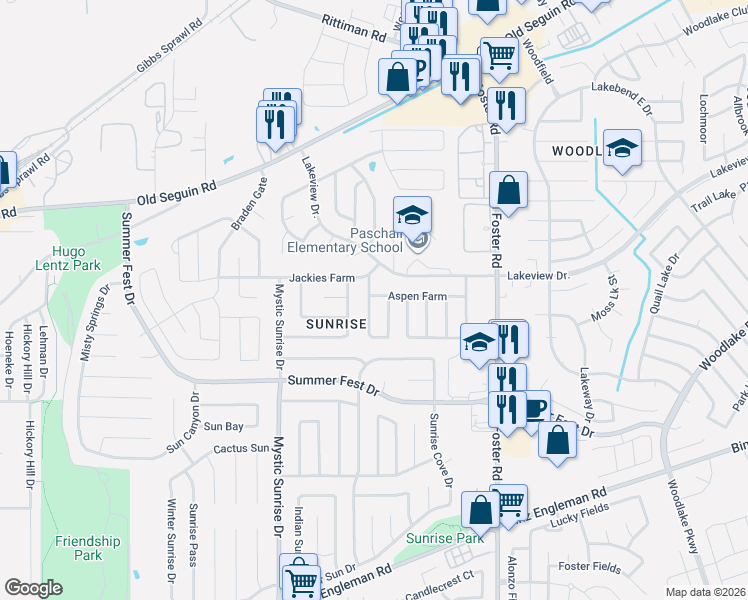 map of restaurants, bars, coffee shops, grocery stores, and more near 6307 Aspen Farm in San Antonio