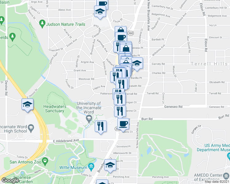 map of restaurants, bars, coffee shops, grocery stores, and more near 100 Mary D Avenue in Alamo Heights