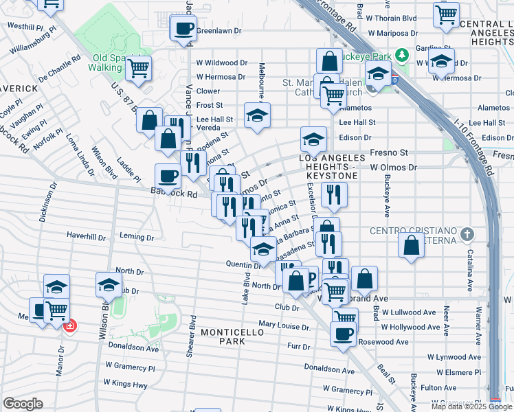 map of restaurants, bars, coffee shops, grocery stores, and more near 2205 Sacramento in San Antonio