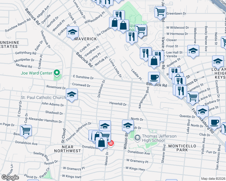 map of restaurants, bars, coffee shops, grocery stores, and more near 151 Cromwell Drive in San Antonio