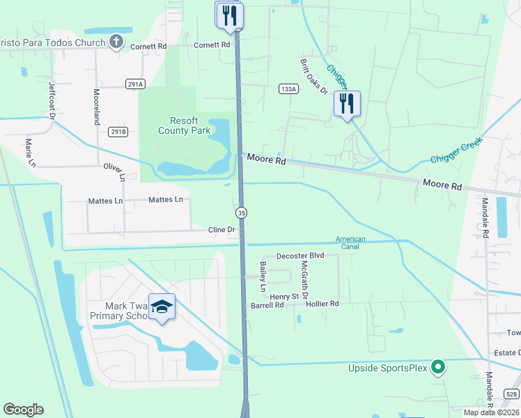 map of restaurants, bars, coffee shops, grocery stores, and more near 5675 Texas 35 in Alvin