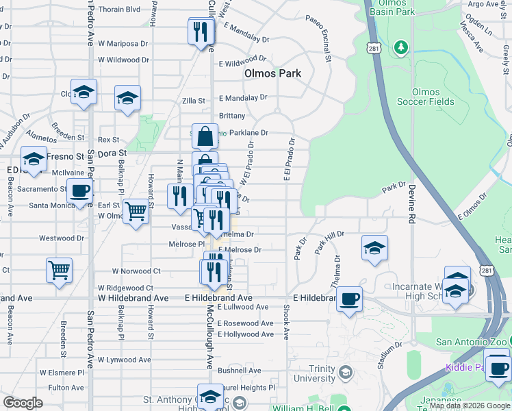 map of restaurants, bars, coffee shops, grocery stores, and more near 213 Primera Drive in San Antonio
