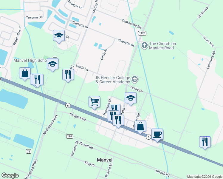 map of restaurants, bars, coffee shops, grocery stores, and more near 7110 Palmetto Street in Manvel