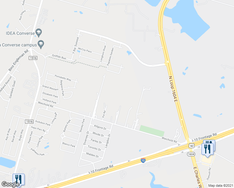 map of restaurants, bars, coffee shops, grocery stores, and more near 9357 Weichold Road in Converse