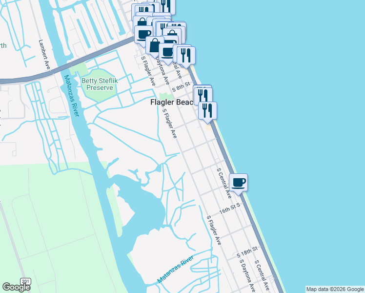 map of restaurants, bars, coffee shops, grocery stores, and more near 1236 South Daytona Avenue in Flagler Beach