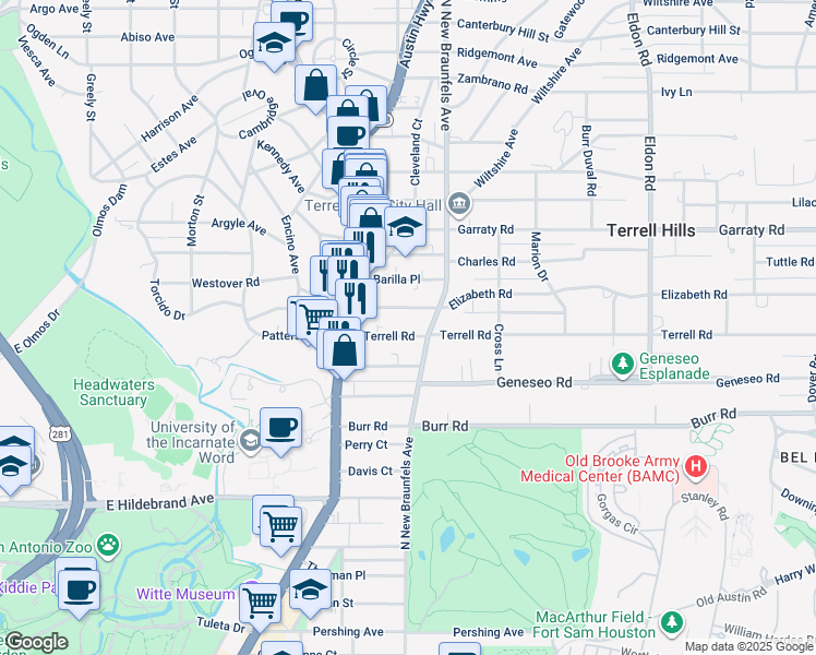 map of restaurants, bars, coffee shops, grocery stores, and more near 136 Elizabeth Road in Alamo Heights