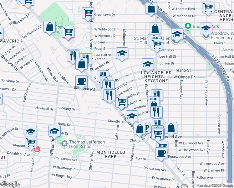 map of restaurants, bars, coffee shops, grocery stores, and more near 2310 West Olmos Drive in San Antonio