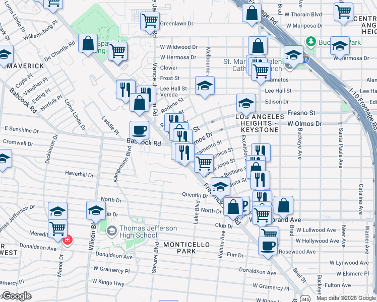 map of restaurants, bars, coffee shops, grocery stores, and more near 2310 West Olmos Drive in San Antonio
