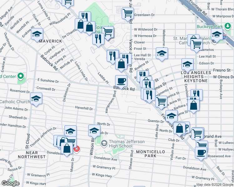 map of restaurants, bars, coffee shops, grocery stores, and more near 166 Babcock Road in San Antonio