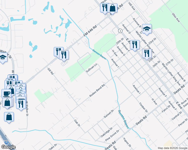 map of restaurants, bars, coffee shops, grocery stores, and more near 2422 Kilgarney Keep Street in Dickinson