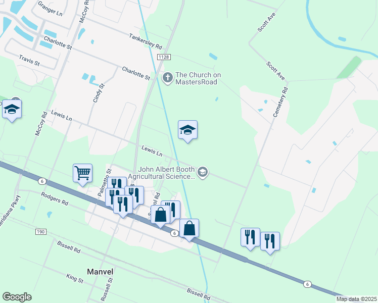 map of restaurants, bars, coffee shops, grocery stores, and more near 101 Lewis Lane in Manvel