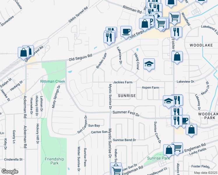 map of restaurants, bars, coffee shops, grocery stores, and more near 4447 Mystic Sunrise Drive in San Antonio