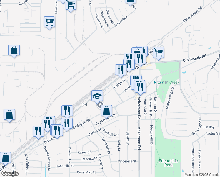 map of restaurants, bars, coffee shops, grocery stores, and more near 503 Edalyn Street in San Antonio