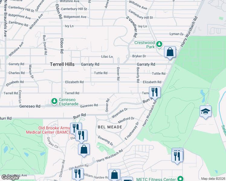 map of restaurants, bars, coffee shops, grocery stores, and more near 651 Terrell Road in San Antonio