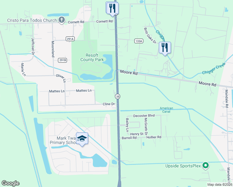 map of restaurants, bars, coffee shops, grocery stores, and more near 5675 Texas 35 in Alvin