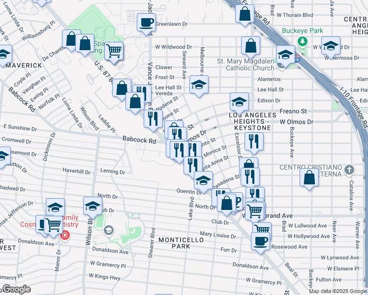 map of restaurants, bars, coffee shops, grocery stores, and more near 2310 West Olmos Drive in San Antonio