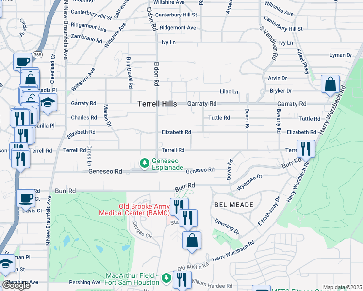 map of restaurants, bars, coffee shops, grocery stores, and more near 507 Terrell Road in San Antonio