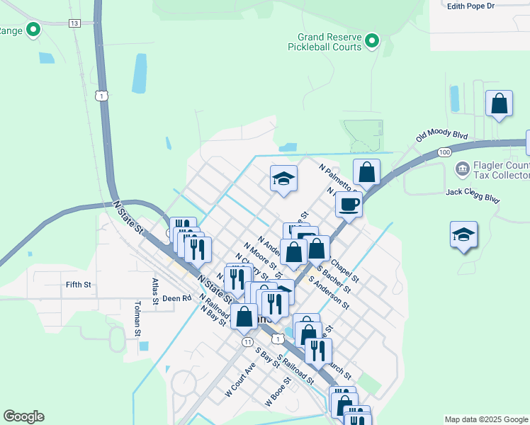 map of restaurants, bars, coffee shops, grocery stores, and more near 702 East Magnolia Street in Bunnell