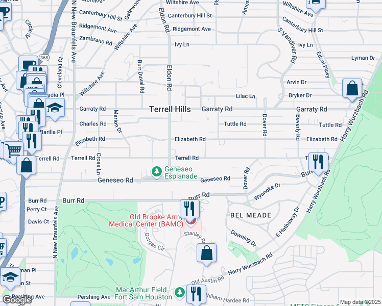 map of restaurants, bars, coffee shops, grocery stores, and more near 507 Terrell Road in San Antonio
