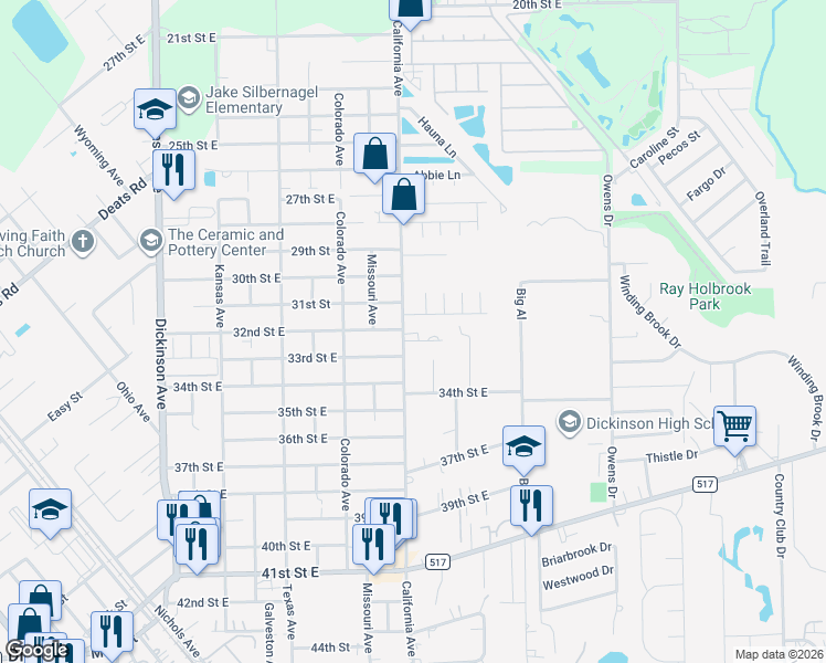 map of restaurants, bars, coffee shops, grocery stores, and more near 3101 California Avenue in Dickinson