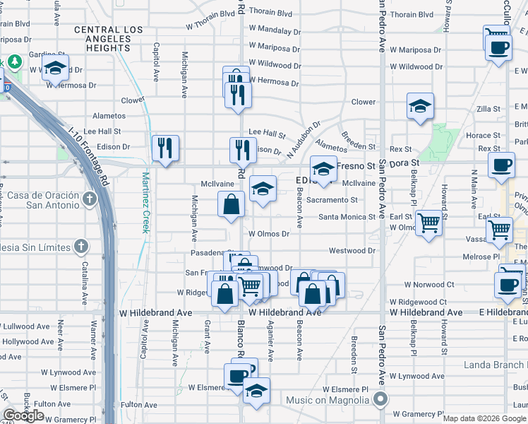 map of restaurants, bars, coffee shops, grocery stores, and more near 701 Santa Monica in San Antonio