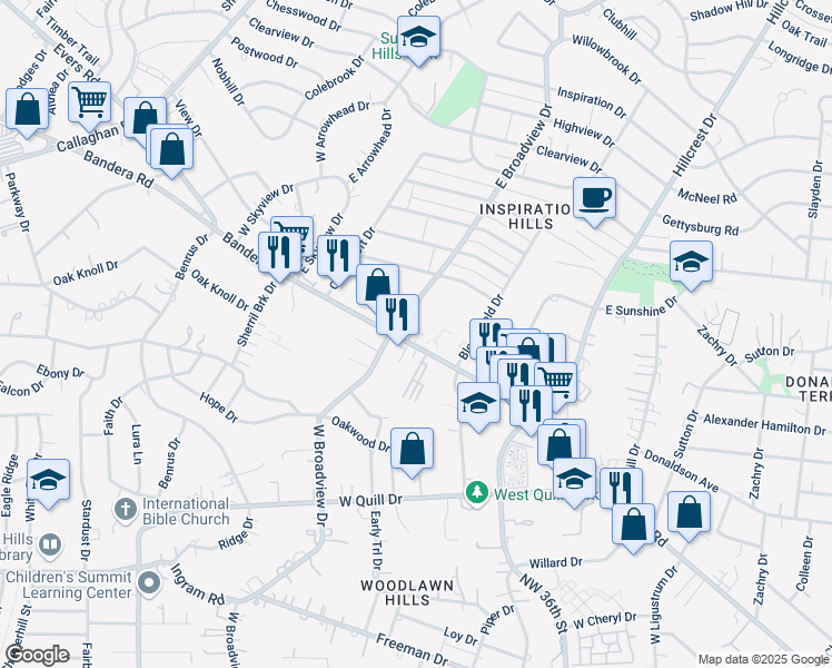 map of restaurants, bars, coffee shops, grocery stores, and more near 1842 Bandera Road in San Antonio