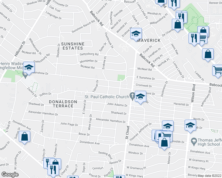 map of restaurants, bars, coffee shops, grocery stores, and more near 430 Rosemont Drive in San Antonio