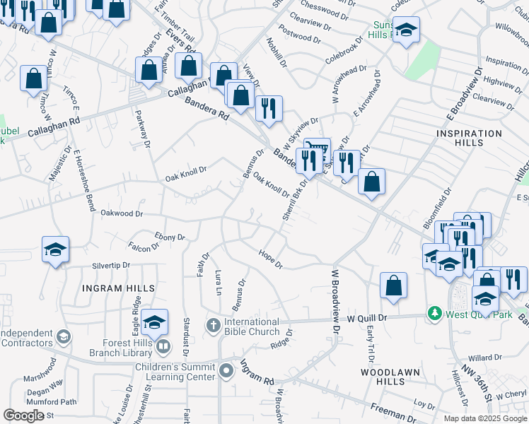 map of restaurants, bars, coffee shops, grocery stores, and more near 501 Oakwood Drive in San Antonio