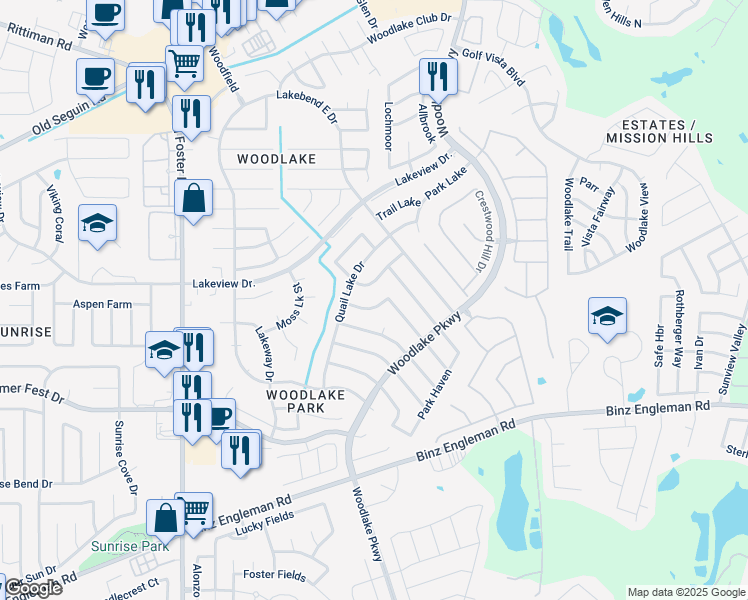 map of restaurants, bars, coffee shops, grocery stores, and more near 5102 Pond Lake Drive in San Antonio